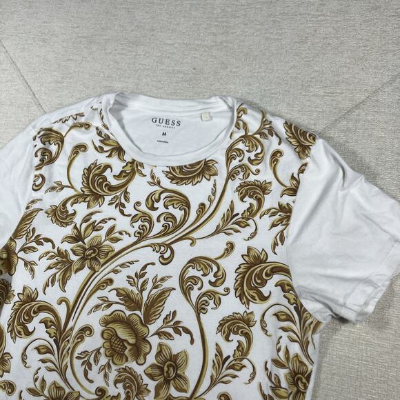 GUESS Women’s Baroque Floral Print T-Shirt White Gold Red Stripe Style M - Picture 2 of 7